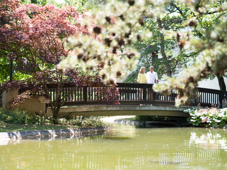 Eine Brücke über einem Wasserlauf im Kurpark Bad Füssing mit blühenden Bäumen im Hintergrund.
